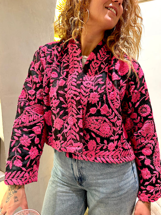 Pink and Black Crop Bohemian Embroidered Jacket