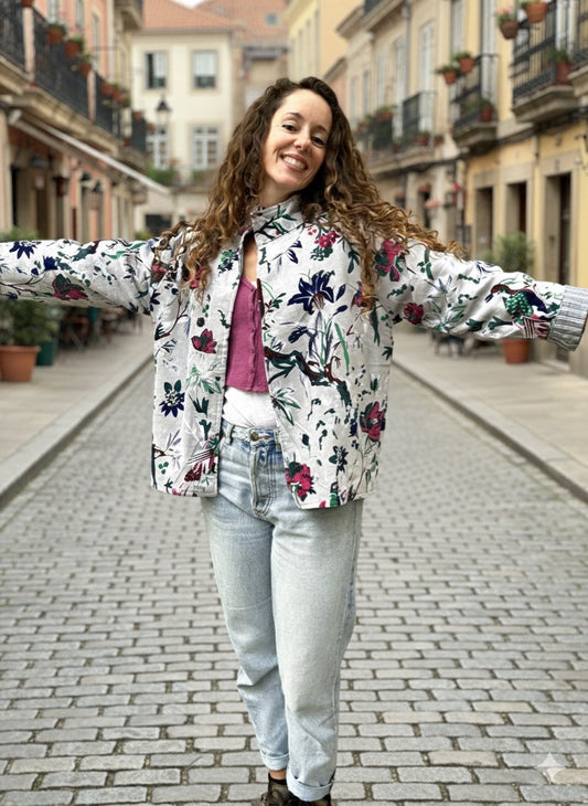 Light Grey Birds and Flowers Short Velvet Printed Jacket