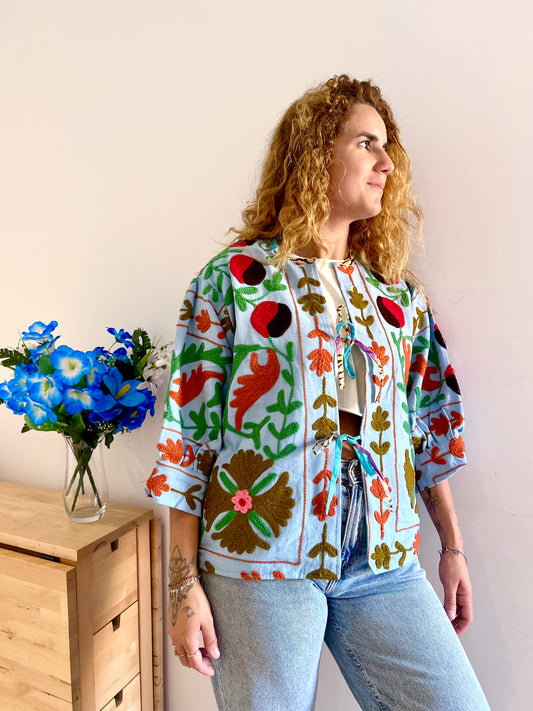 Powder Blue Balloon Sleeve Cotton Embroidered Jacket
