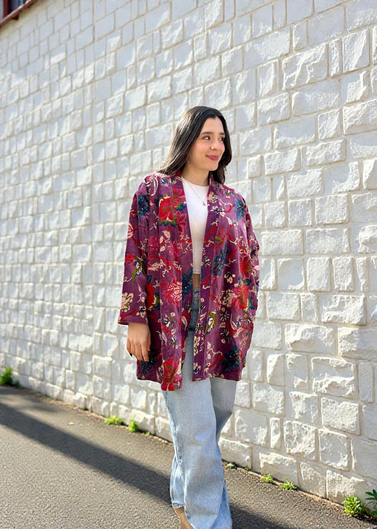 Wine Floral Short Velvet Printed Jacket