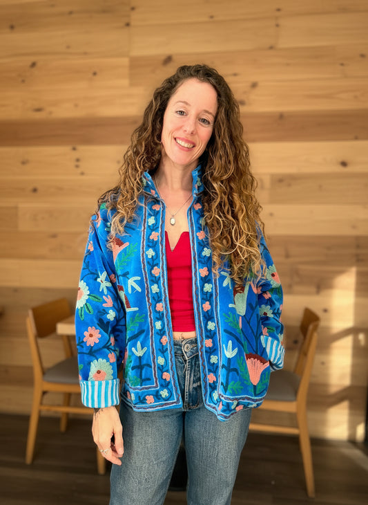 Electric Blue with Vibrant Flowers Suzani Velvet Embroidered Jacket