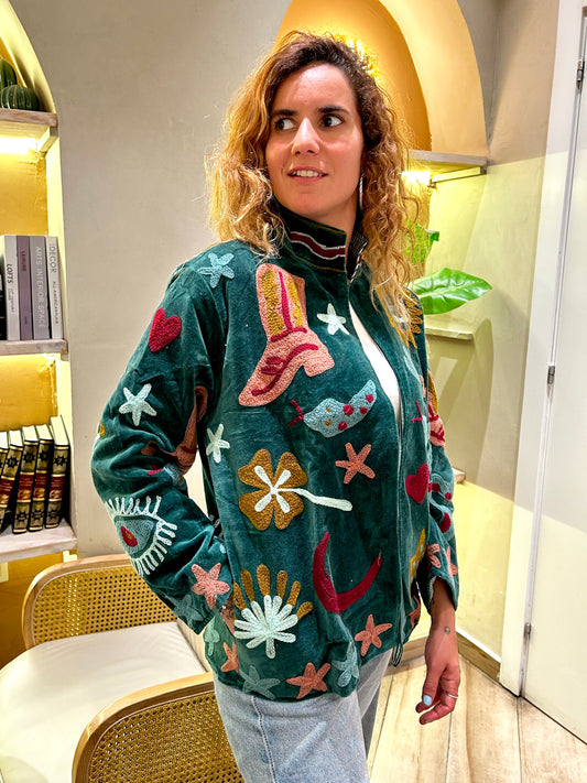 Jade Green Snakes and Motifs Suzani Velvet Embroidered Jacket