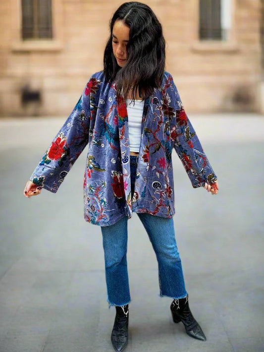 Grey Botanical Short Velvet Printed Jacket