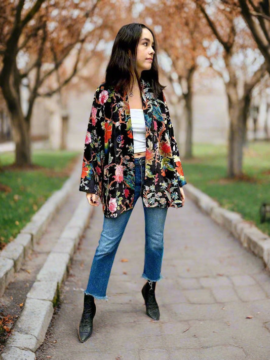 Black Botanical Short Velvet Printed Jacket