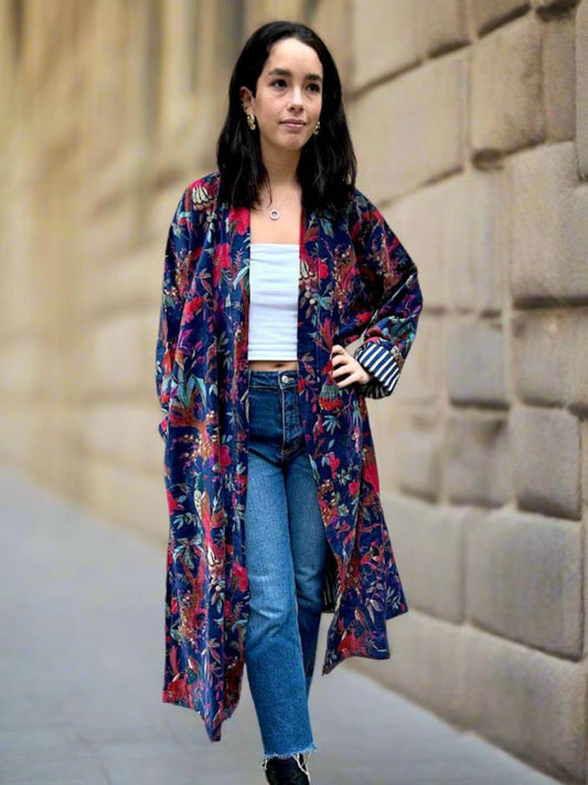 Marine Blue Long Velvet Printed Jacket