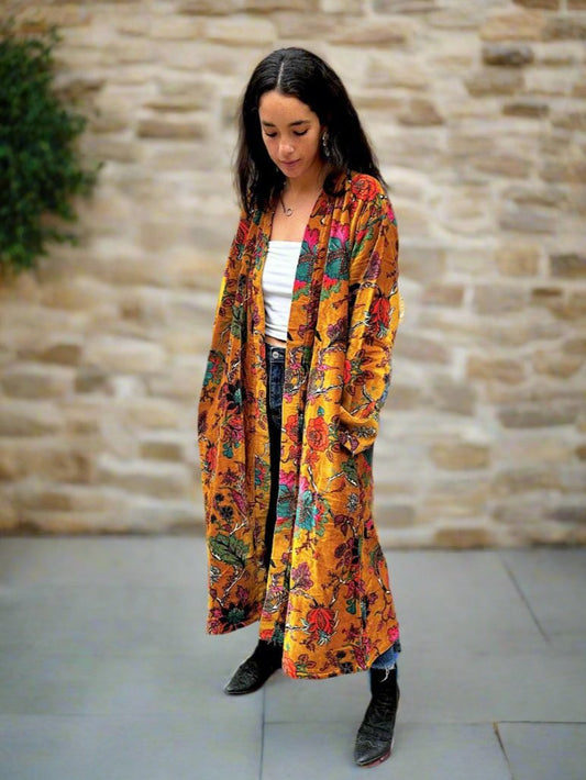 Mustard Botanical Long Velvet Printed Jacket
