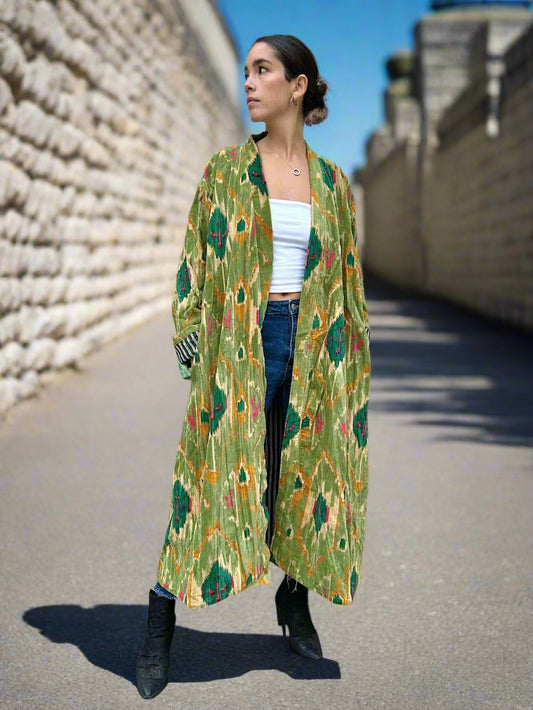 Green Aztec Ikat Long Velvet Printed Jacket