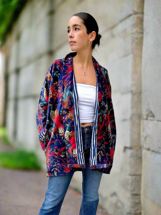 Marine Blue Short Velvet Printed Jacket