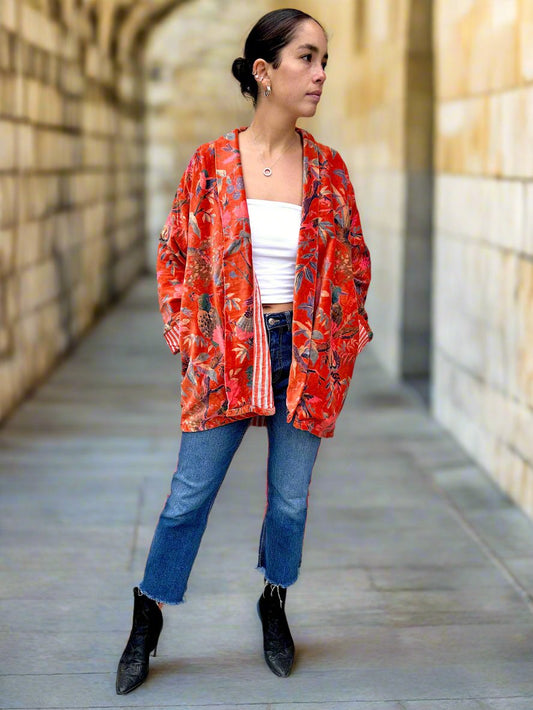 Ochre Birds and Flowers Short Velvet Printed Jacket