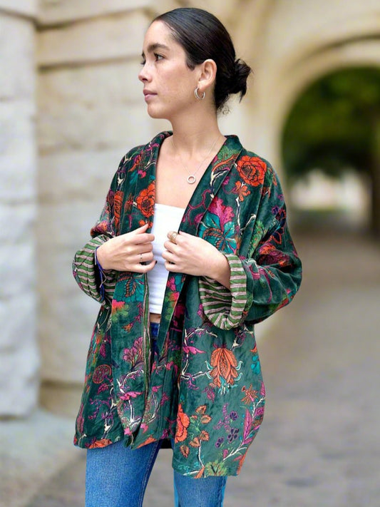 Green Botanical Short Velvet Printed Jacket