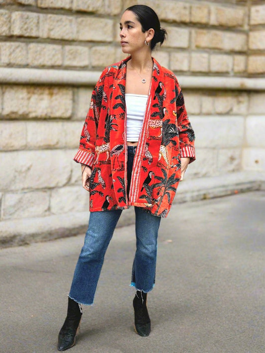 Orange Animal Safari Short Velvet Printed Jacket