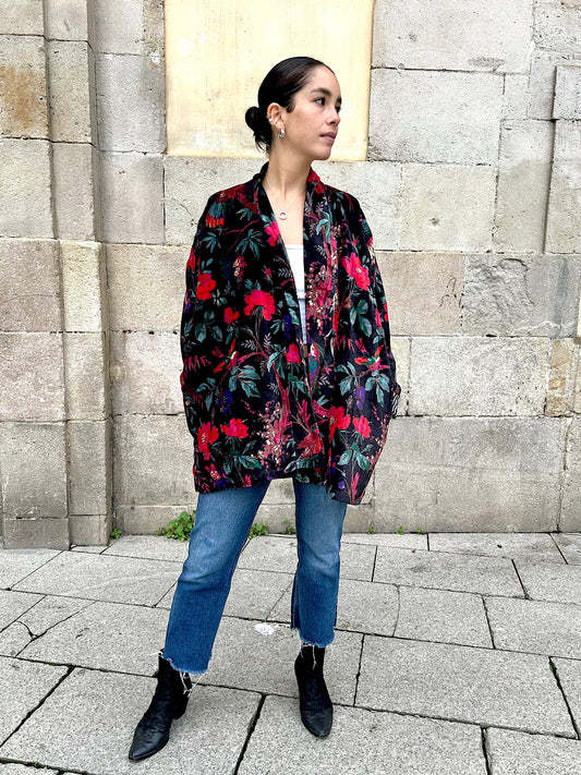 Black Birds and Flowers Short Velvet Printed Jacket