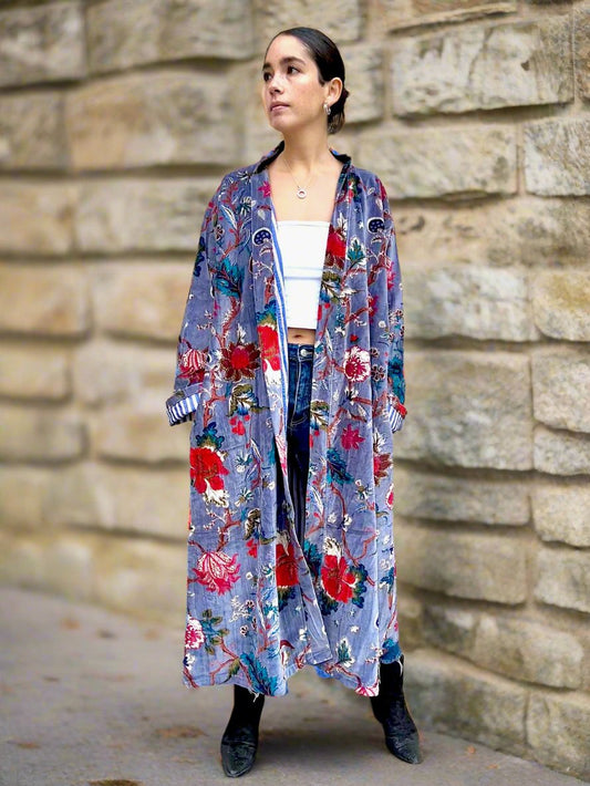 Grey Botanical Long Velvet Printed Jacket