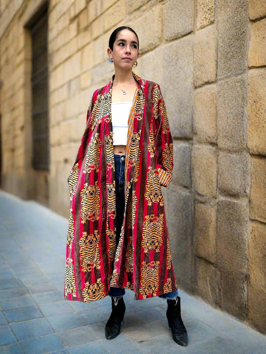 Red and Brown Tiger Long Velvet Printed Jacket