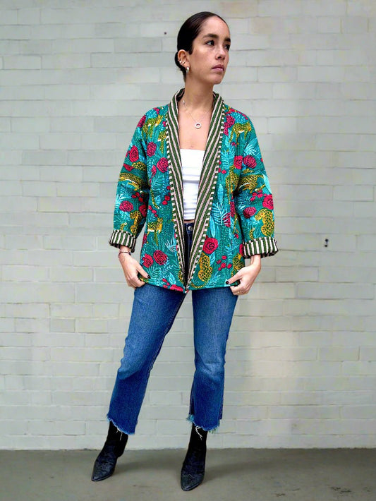 Leopard and Rose Printed Cotton Wrap Reversible Jacket