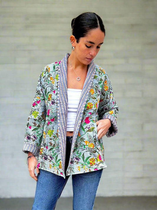 Grey Botanical Printed Cotton Wrap Reversible Jacket