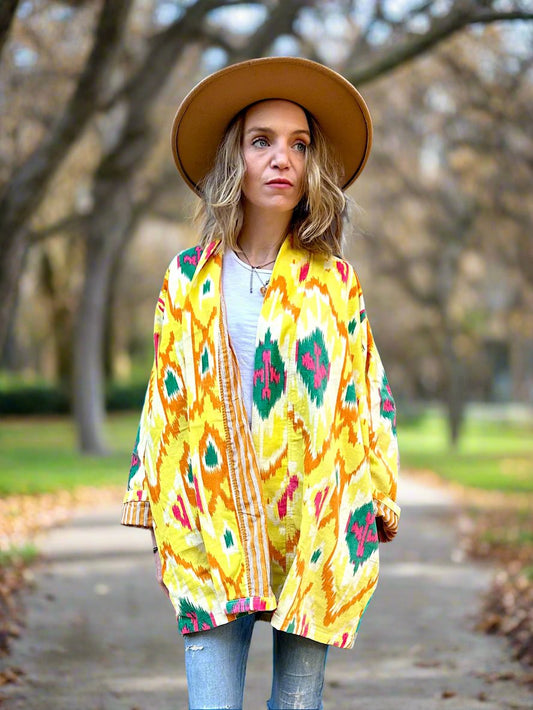 Bright Yellow Ikat Short Velvet Printed Jacket
