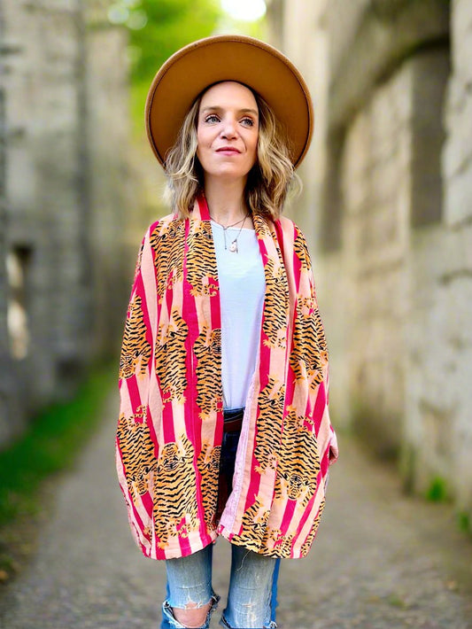 Pink and Peach Tiger Short Velvet Printed Jacket