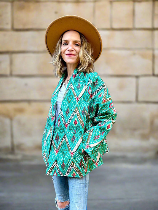Green Aztec Printed Cotton Wrap Reversible Jacket