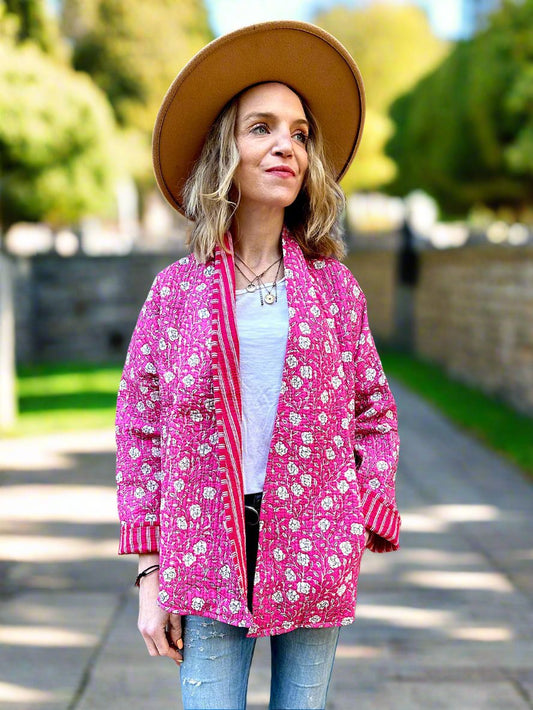 Pink Flowers Printed Cotton Wrap Reversible Jacket