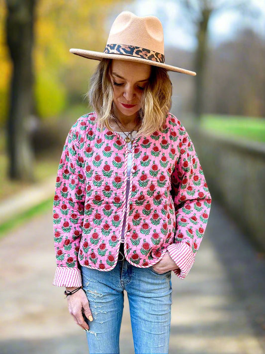Pink Floral Motif Printed Cotton Short Reversible Jacket