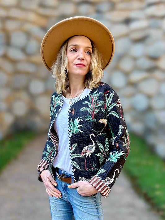 Black Animal Safari Printed Cotton Short Reversible Jacket