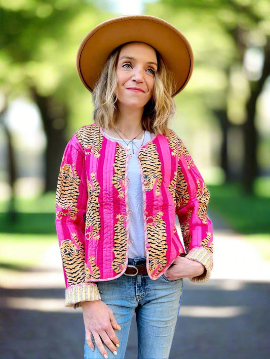 Pink Tiger Printed Cotton Short Reversible Jacket