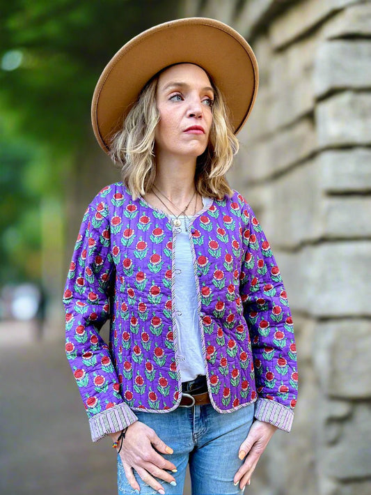 Purple Floral Motif Printed Cotton Short Reversible Jacket