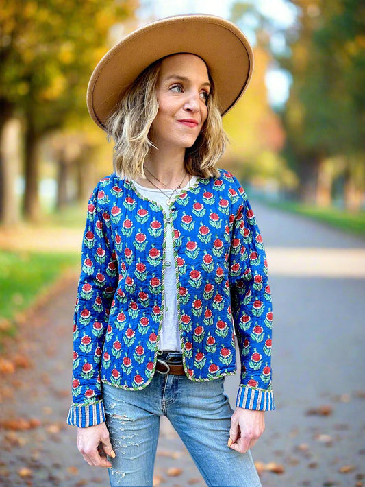 Blue Floral Motif Printed Cotton Short Reversible Jacket