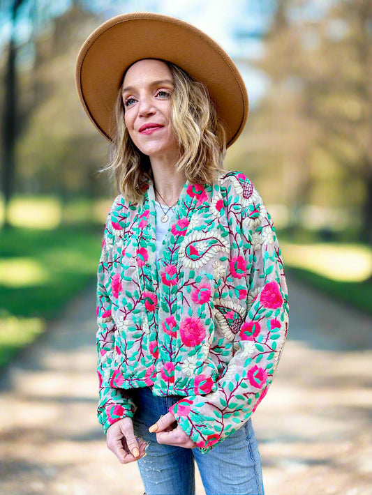 Pink Flowers and White Paisley Crop Bohemian Embroidered Jacket