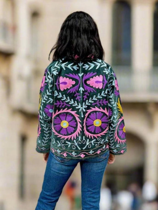 Dark Emerald Green Velvet Embroidered Jacket