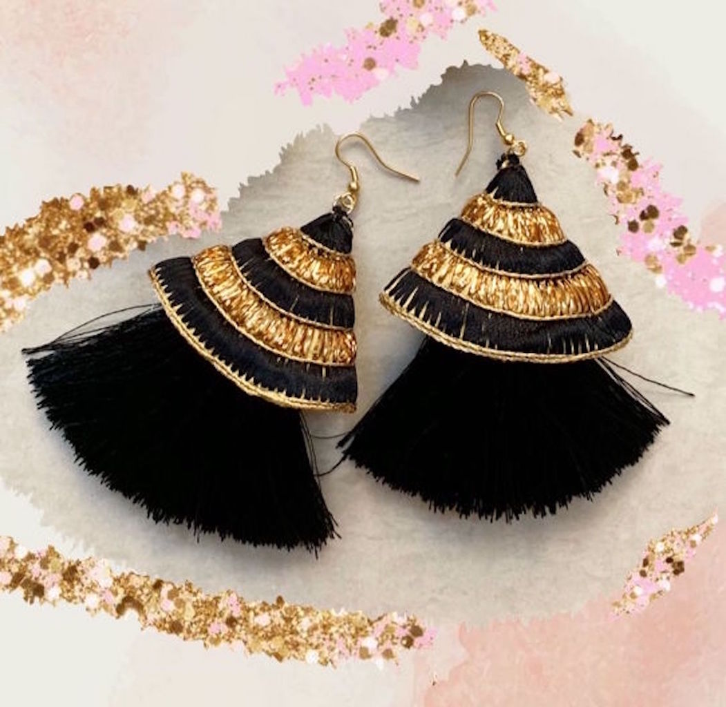 Ethnic Textile Earrings with Black and Golden Embroidery