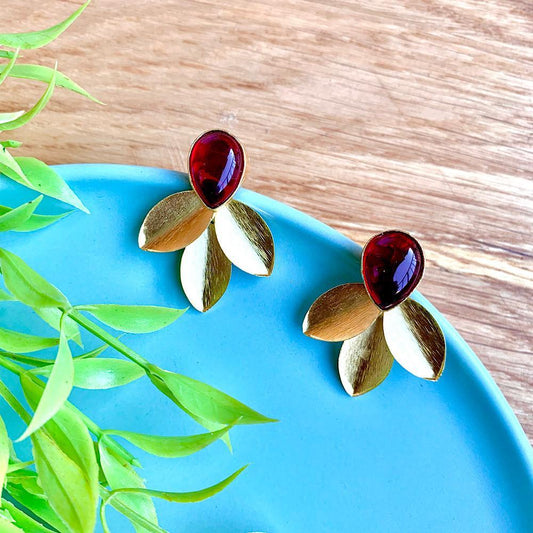 Stud Leaf Earrings with Stone