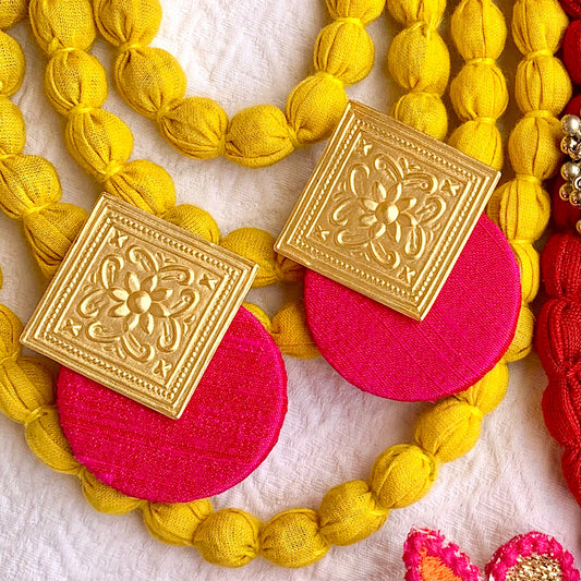 Matt Gold Tile Earrings with Pure Raw Silk Fabric