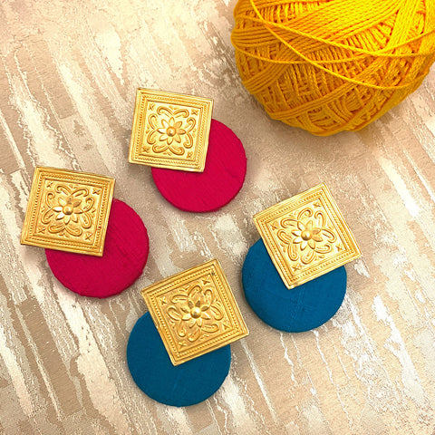 Matt Gold Tile Earrings with Pure Raw Silk Fabric