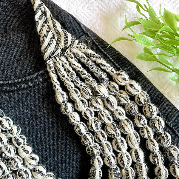 Handcrafted Grey White Printed Bobble Necklace (6 layers)