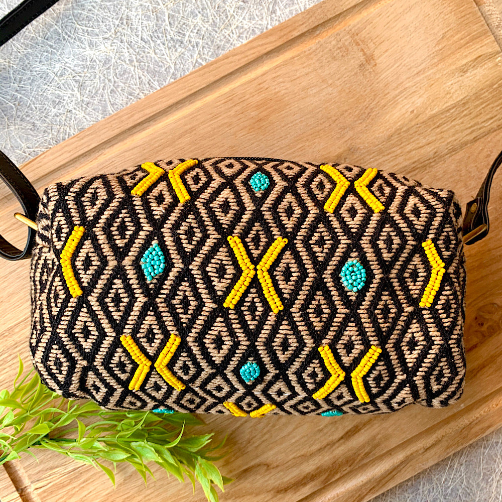 Hand Embroidered Yellow on Black Sling Bag