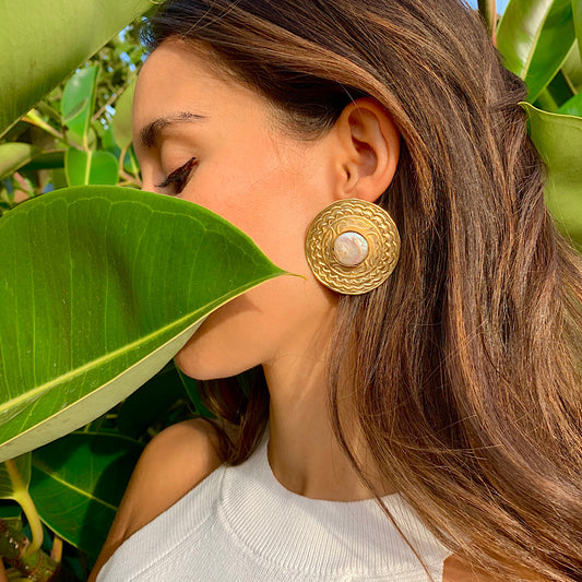 Hand Carved Mandala Earrings with Baroque Pearl