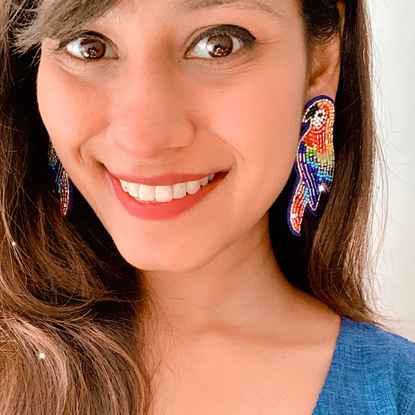 Hand Embroidered Multicolour Parrot Earrings