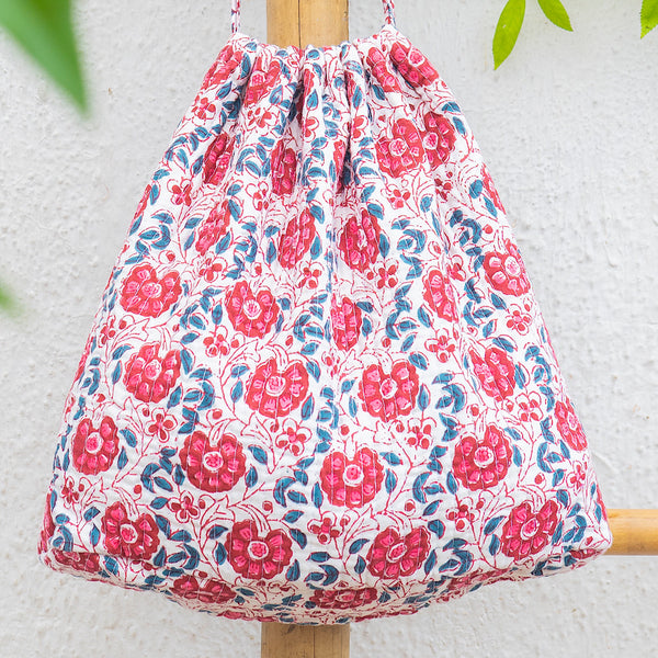 Organic Cotton Hand Printed & Quilted Multipurpose Utility Bag - Blue & Red
