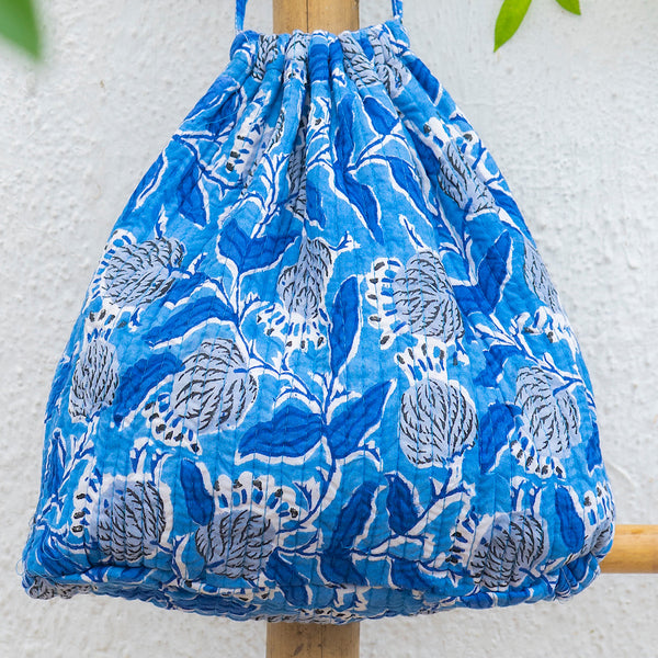 Organic Cotton Hand Printed & Quilted Multipurpose Utility Bag - Blue & White