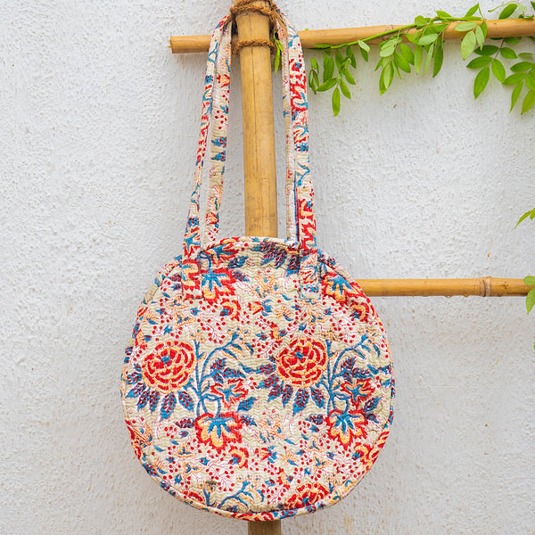 Organic Cotton Hand Printed & Quilted Round Shoulder Bag - Beige