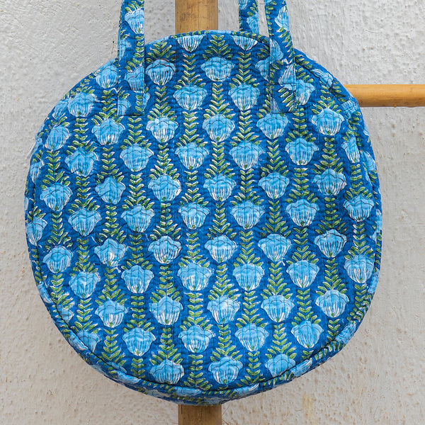 Organic Cotton Hand Printed & Quilted Round Shoulder Bag - Blue & Green
