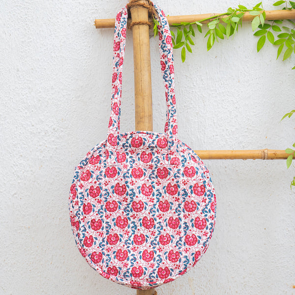 Organic Cotton Hand Printed & Quilted Round Shoulder Bag - Blue & Red