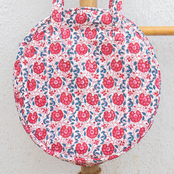Organic Cotton Hand Printed & Quilted Round Shoulder Bag - Blue & Red