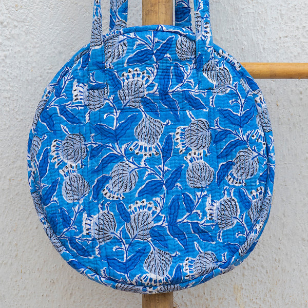Organic Cotton Hand Printed & Quilted Round Shoulder Bag - Blue & White
