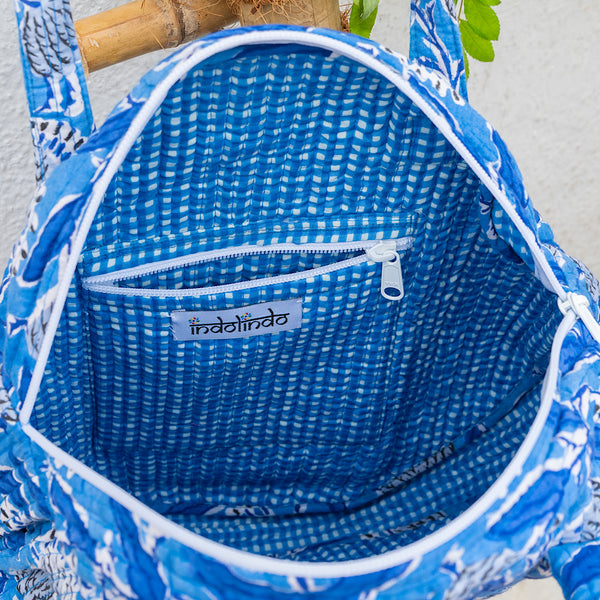 Organic Cotton Hand Printed & Quilted Round Shoulder Bag - Blue & White