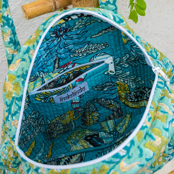 Organic Cotton Hand Printed & Quilted Round Shoulder Bag - Sea Green
