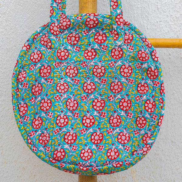 Organic Cotton Hand Printed & Quilted Round Shoulder Bag - Sea Green & Red