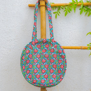 Organic Cotton Hand Printed & Quilted Round Shoulder Bag - Sea Green & Red